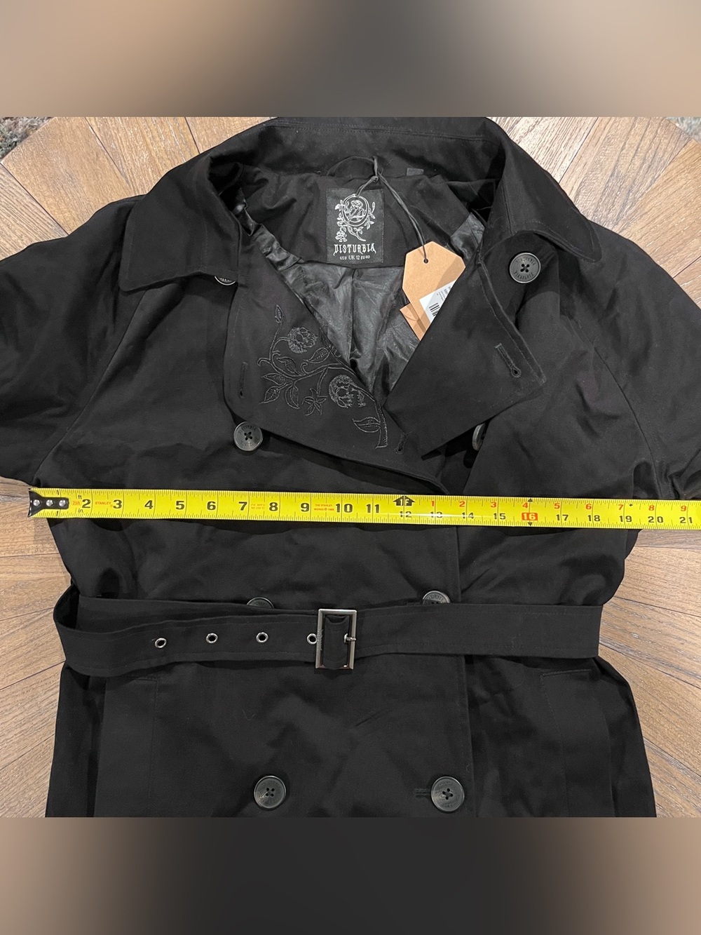 NWT Disturbia Poe Embroidered Black Belted Trench Coat Sz 8 Goth Grunge - Picture 14 of 15